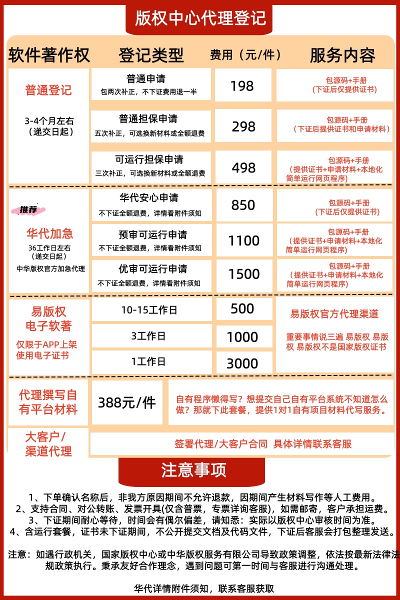 网络弧线软件著作权代办价格表